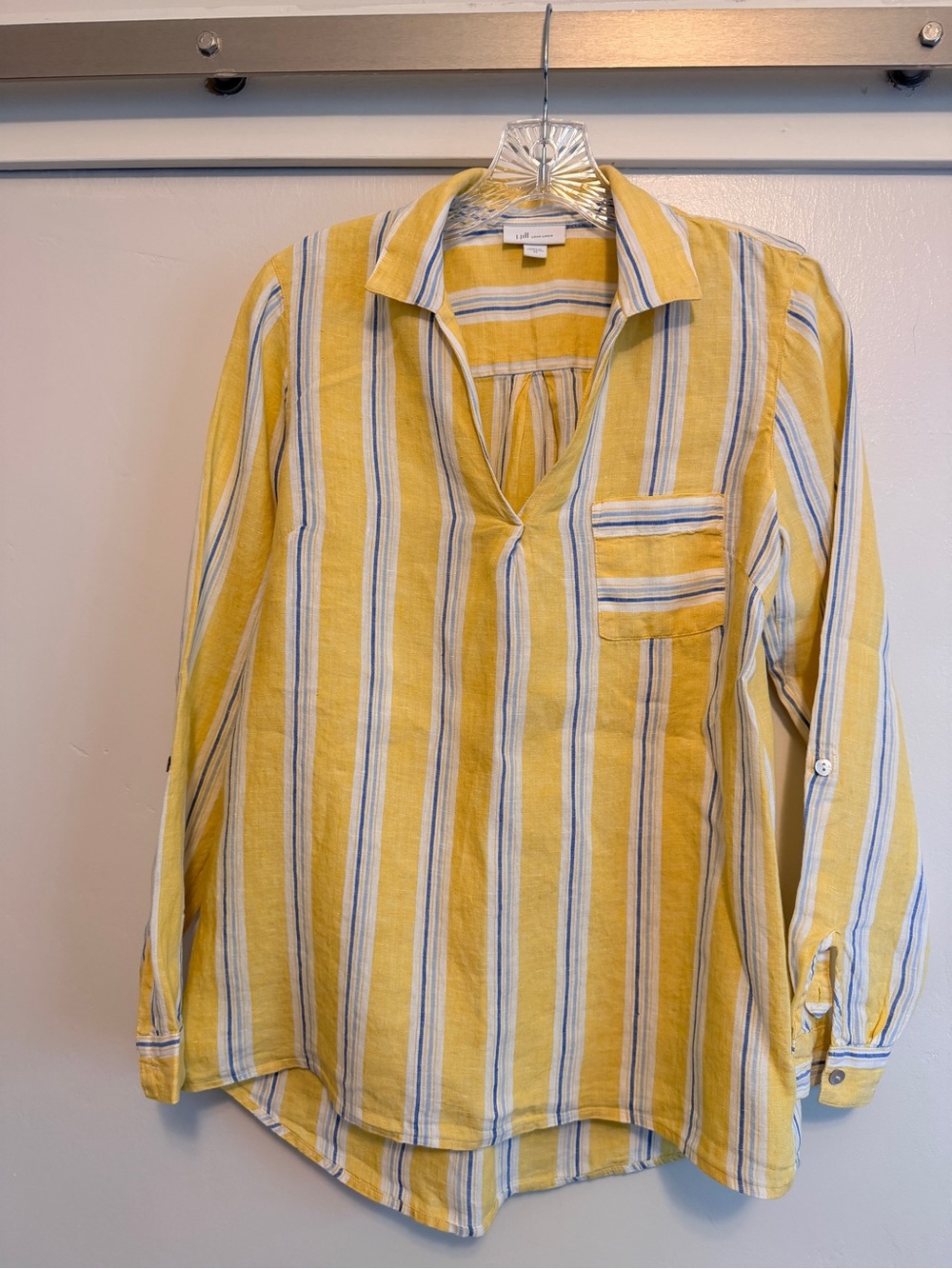 J.Jill Love Linen yellow & blue striped pullover tunic featuring rolltab sleeves